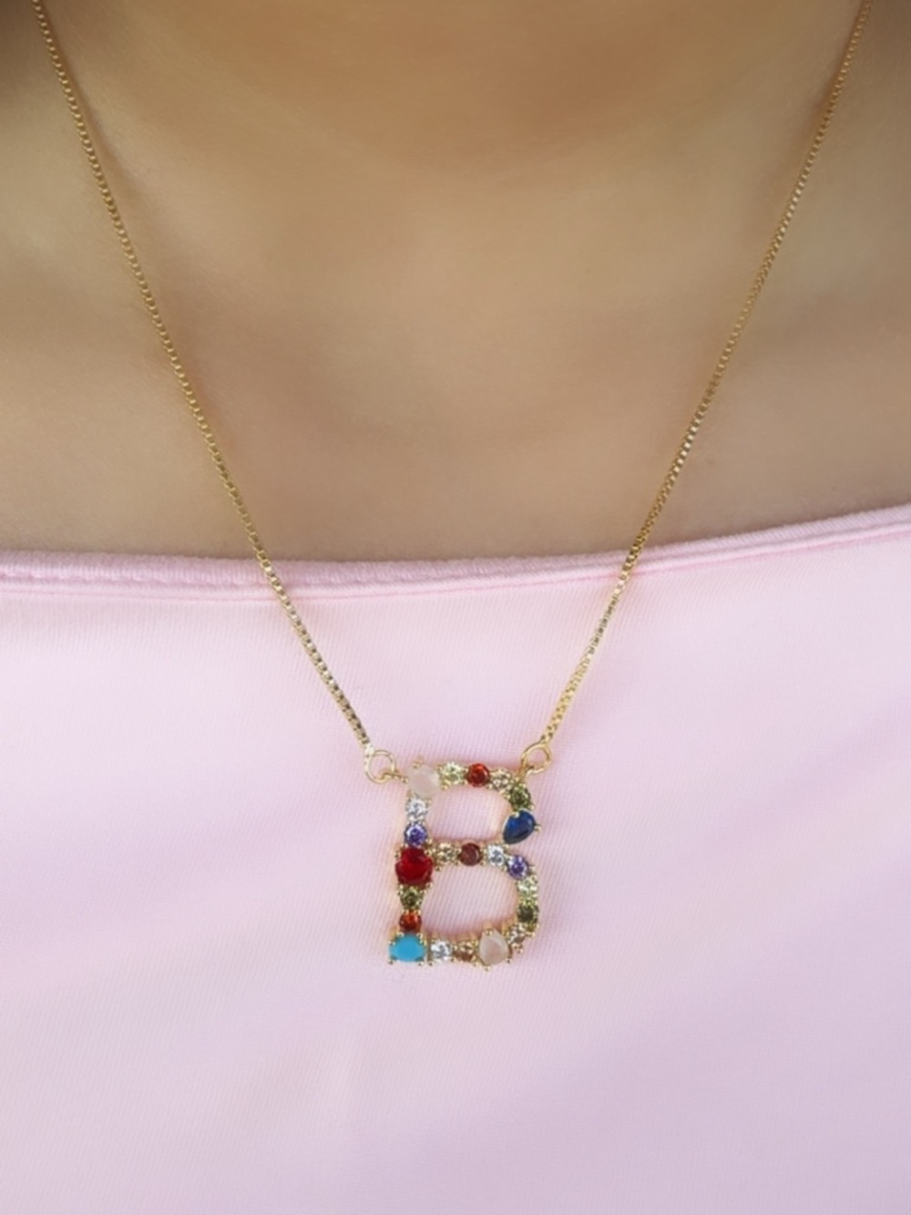 Gold Letter B Multicolor Gemstone Necklace - Women Jewelry